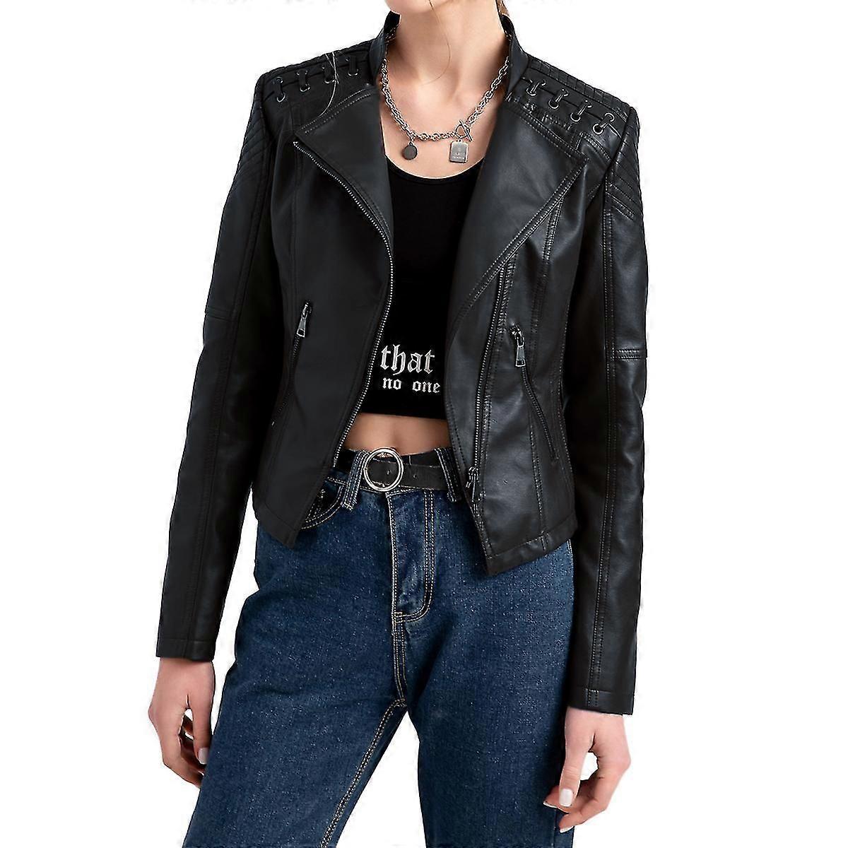 Womens Slim Fit Lapel Collar Motorcycle Cropped Leather Jacket