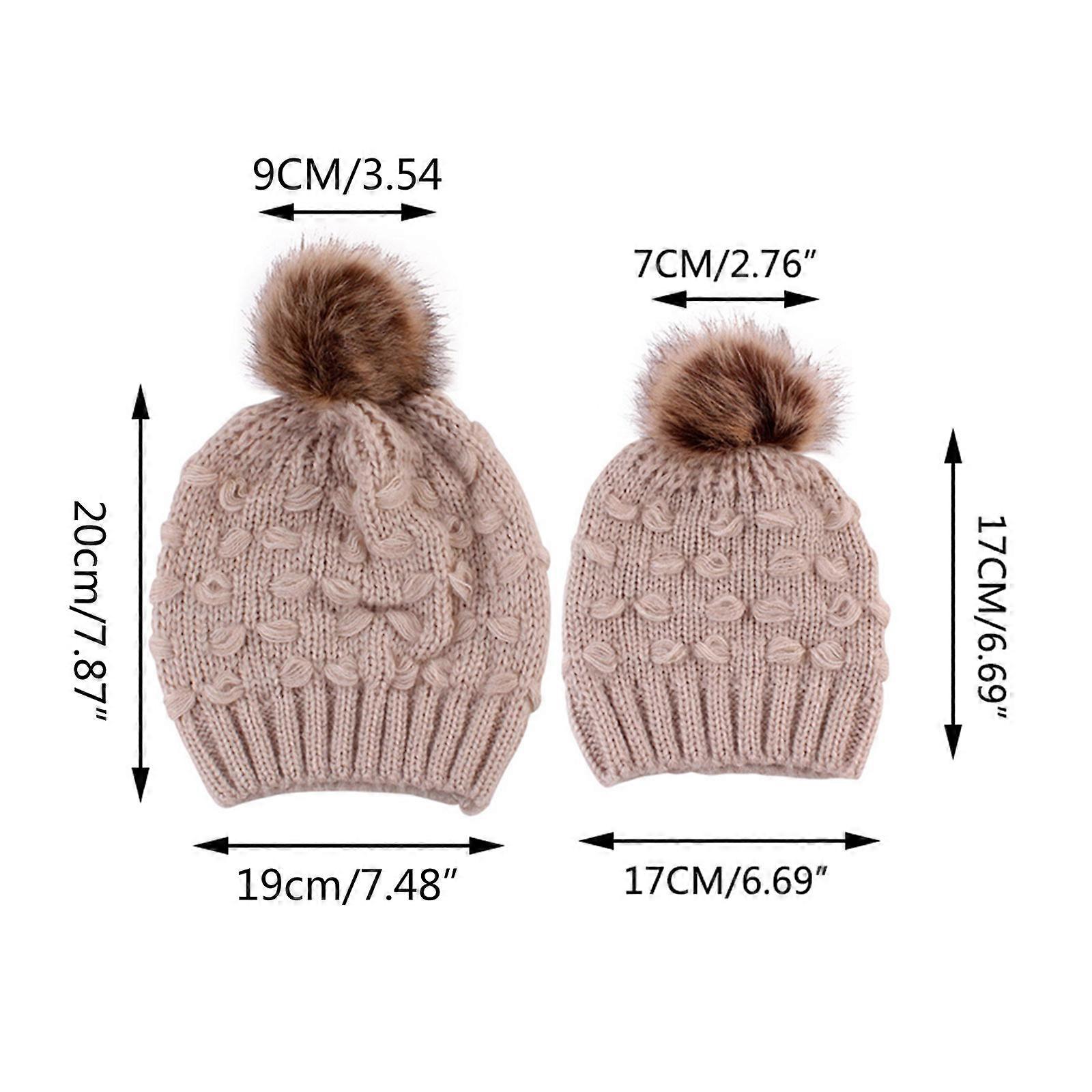 2 PCS Matching Knitted Hats for Parent Kid in Solid Color Multiple Color Option Crochet Caps with Hairball on Top  white