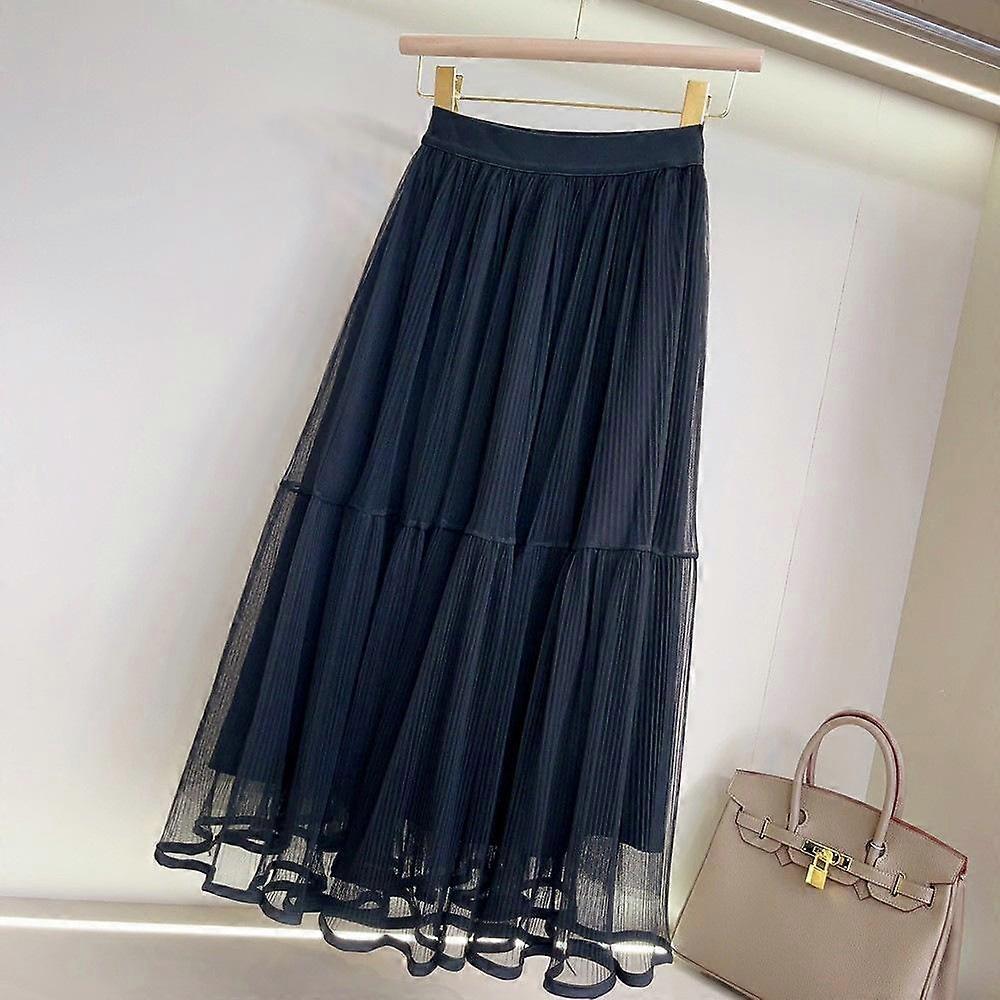 Spring and Autumn Women's Pleated Skirt A-line High-waisted Skirt Thin Large Swing Fairy Skirt Medium-length Mesh Skirt