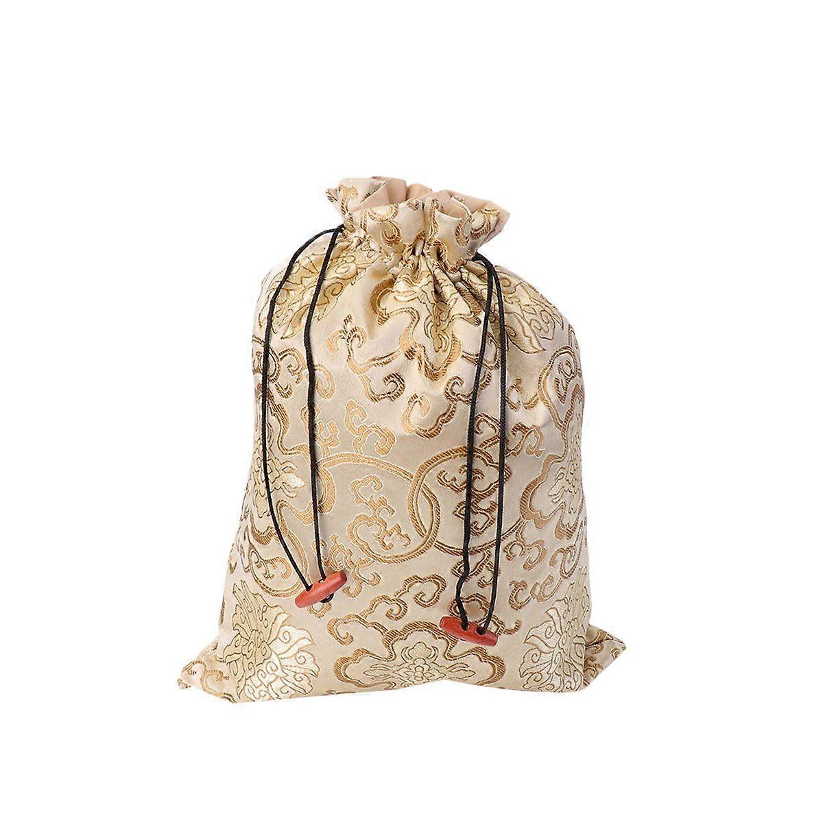 Silk Drawstring Bag Chinese Style Jewelry Pouch Storage Bag for Wedding Party (Beige, Random Pattern, Lining Color Random)