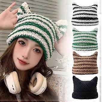 Cute Cat Ears Striped Knitted Hat Japanese Style Warm Wool Cap Women