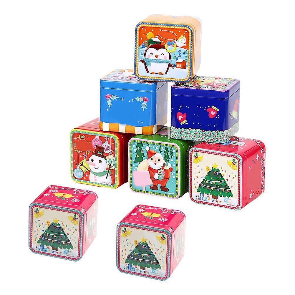 8pcs Square Tinplate Candy Boxes with Christmas Patterns Durable & Lightweight Storage Jars for Sweets, Cookies, Party Treats, and Portable