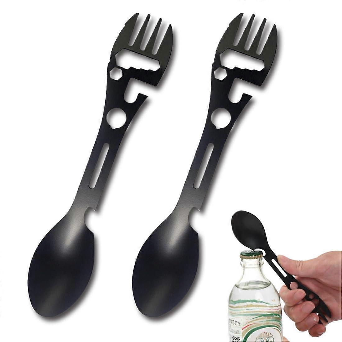 Outdoor Picnic Tableware Set – Pack of 2 Metal Sporks with Portable Bottle Opener for Camping and Hiking, Compact Utensils