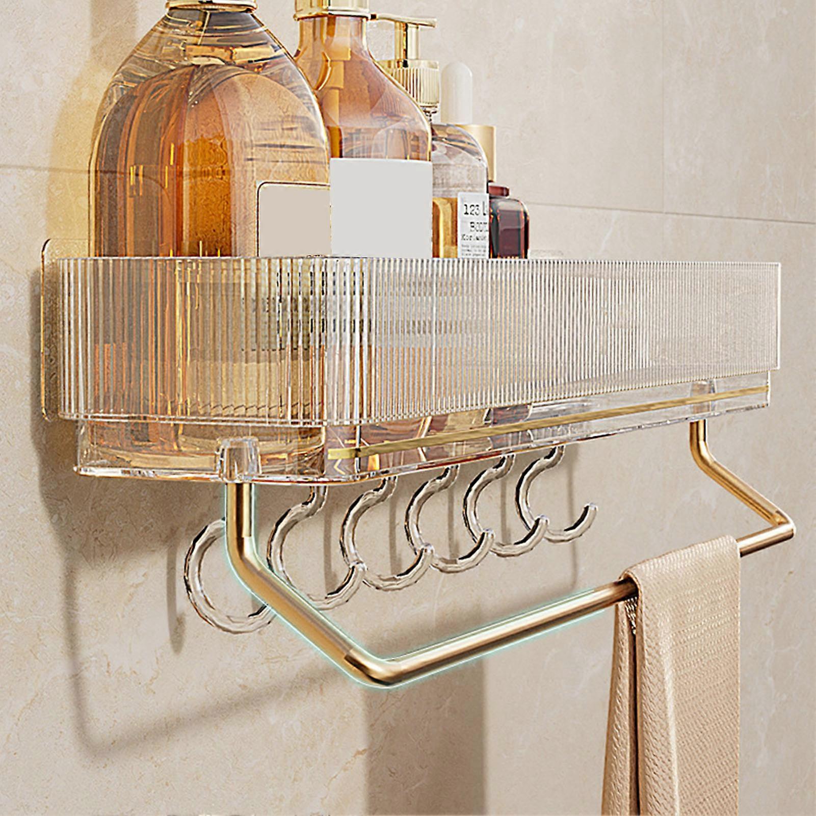 Bathroom Shelf Drill Free Alumimum Strong Load Bearing Wall Mounted Organizer for Bedroom Kitchen Clear Type with Hook and Towel Bar