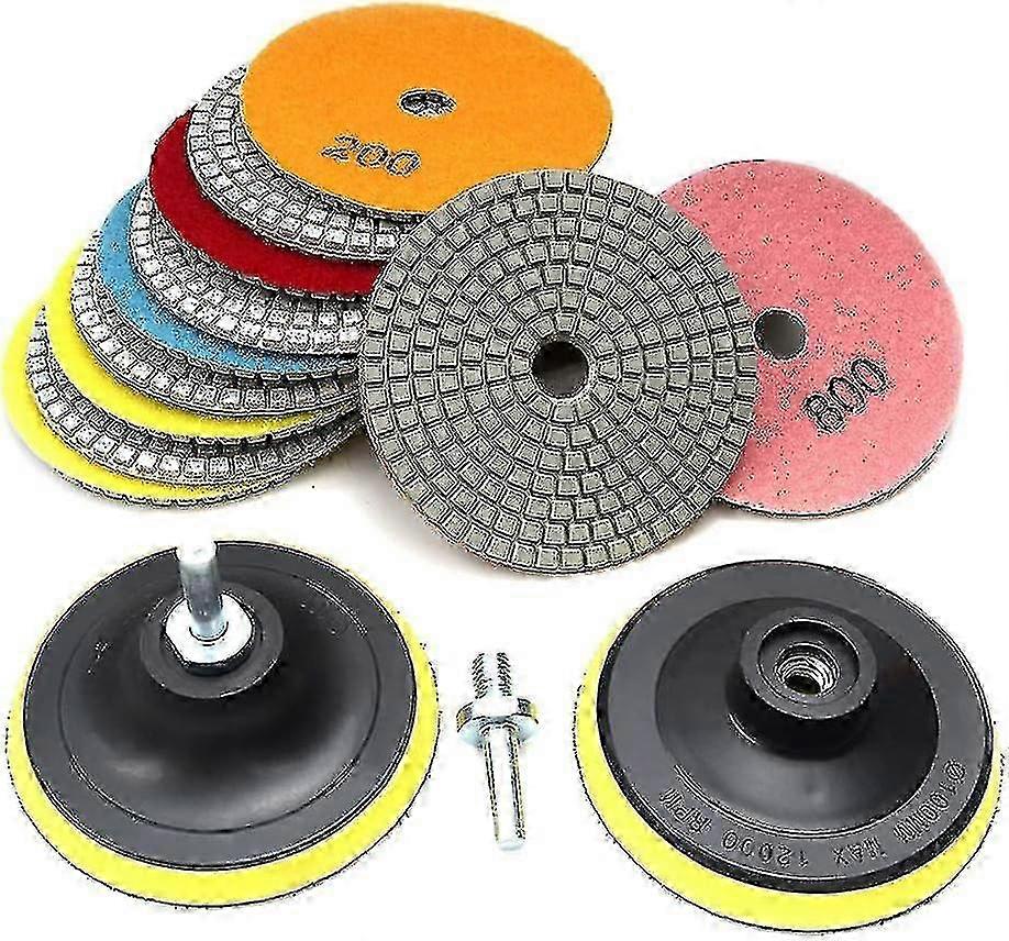 11pcs Diamond Polishing Pads 4' Wet/dry 50#-1500# With 2 Hook & Loop Backer Pads For Stone Polishing And High Gloss Finishing