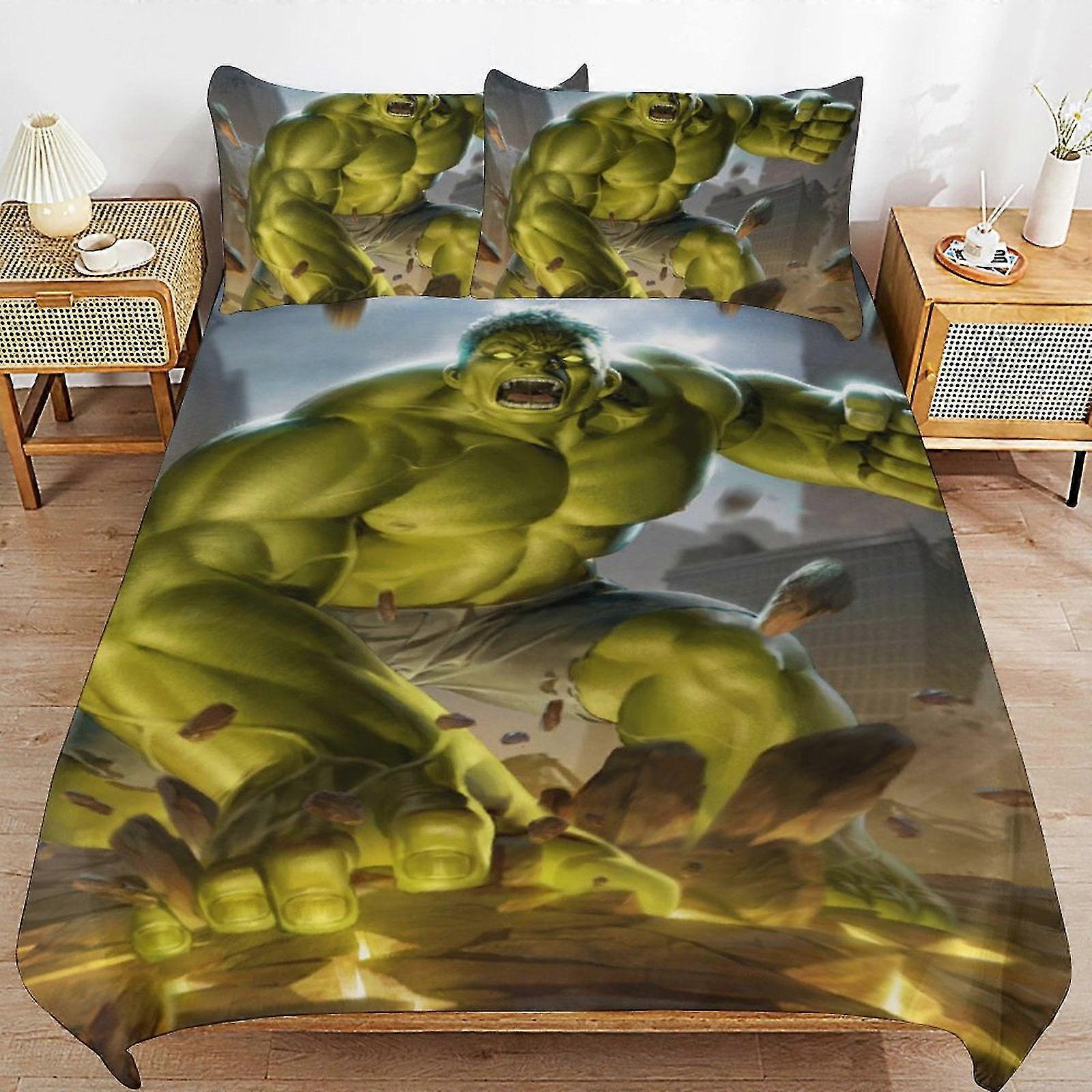 Zestawy pościeli Green Hulk Śliczna narzuta na łóżko Anime Cartoon 3D Drukowane lekkie zestawy do wystroju pokoju, 1 poszewka na kołdrę i 2 poduszki dla dzieci 86x70