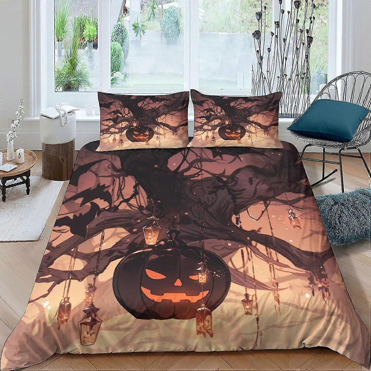 Halloween Duvet Cover Set 3 Pcs 3D Printed Bedding Pumpkin Quilt Cover with Zipper Closure, Ultra Soft Microfiber Double