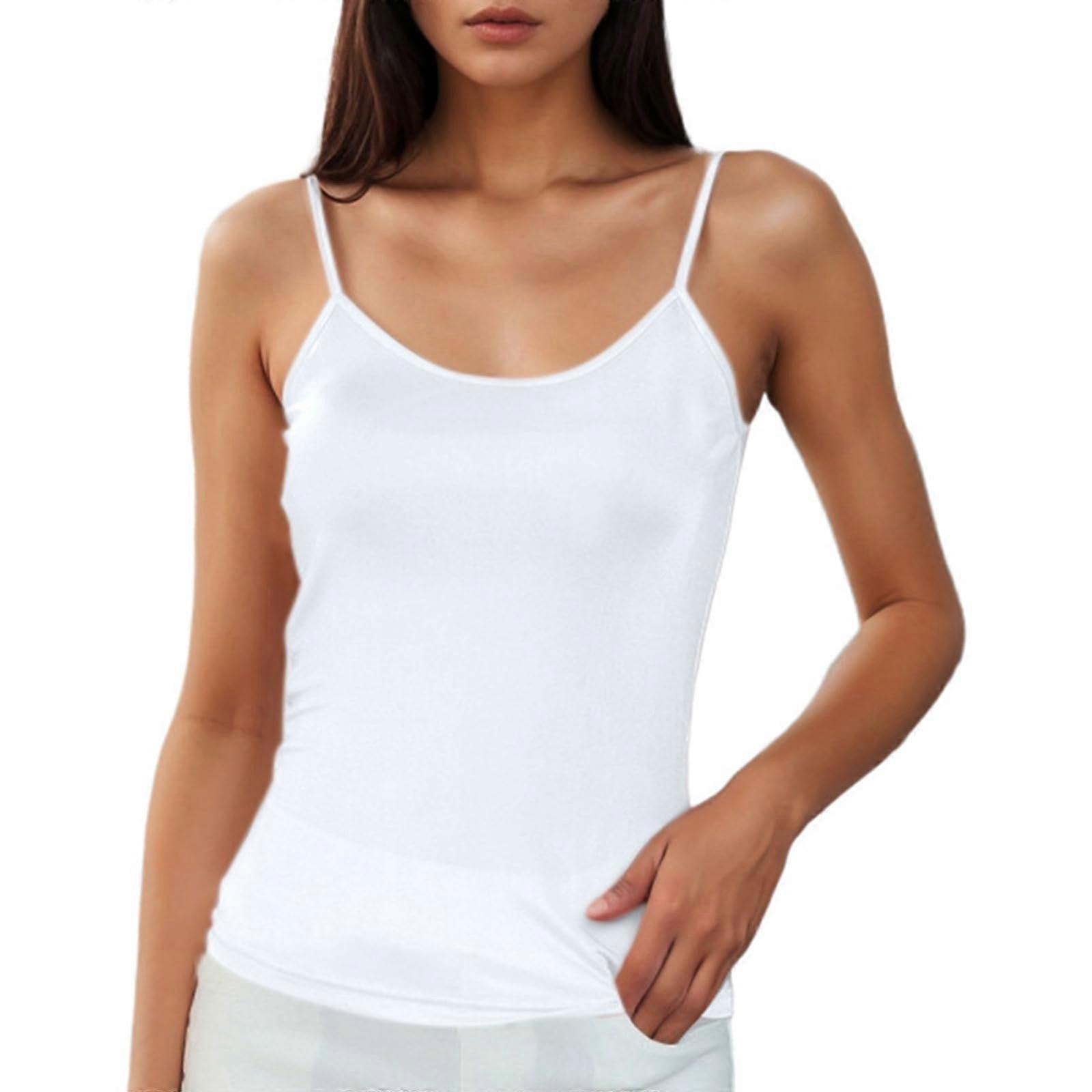 Women's Silk Camisole Tank Top Round Neck Spaghetti Strap Solid White Size L