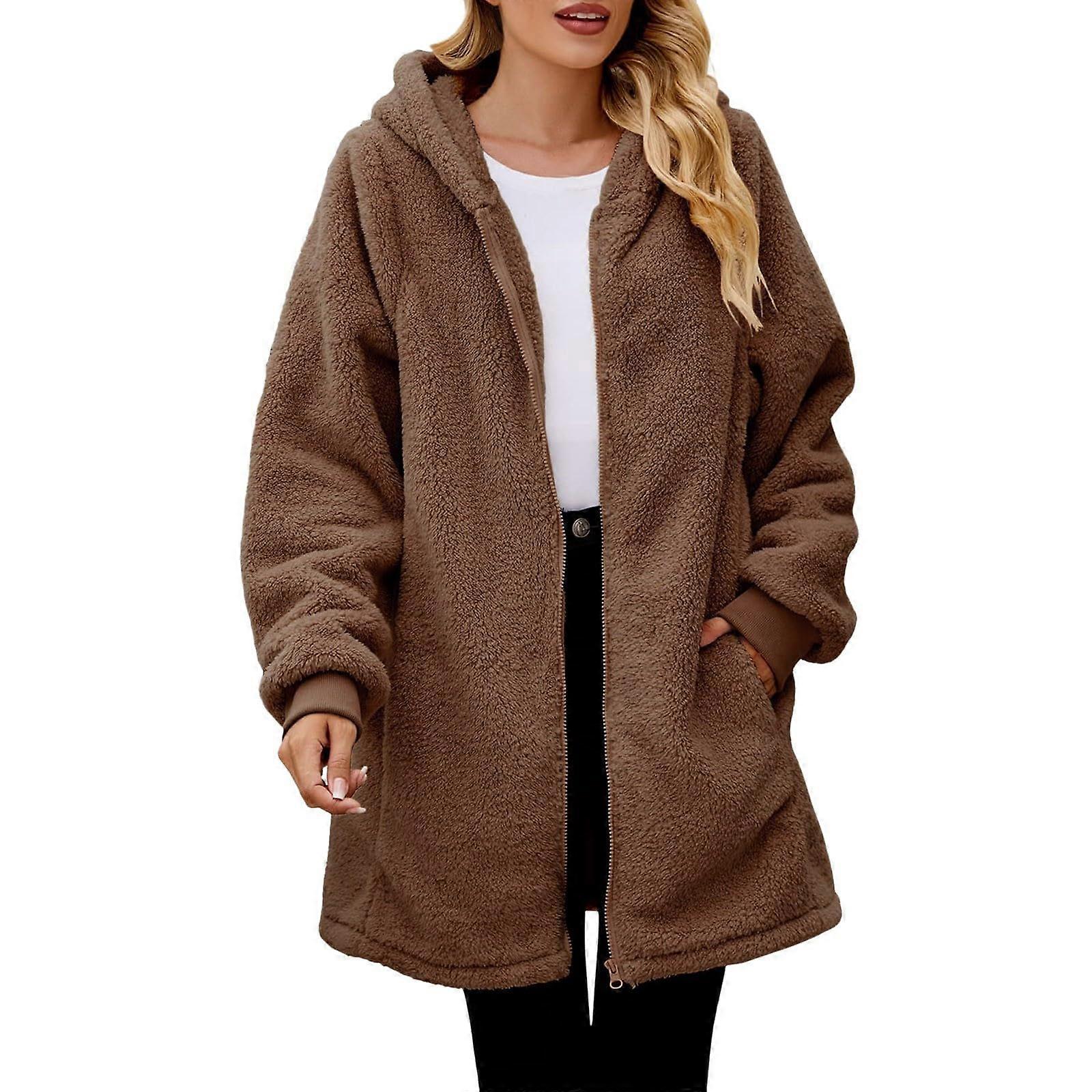Teddy Fleece Jacket Women's Long Zip Hoodie with Pockets, Winter Plush Coat in khaki, XXL