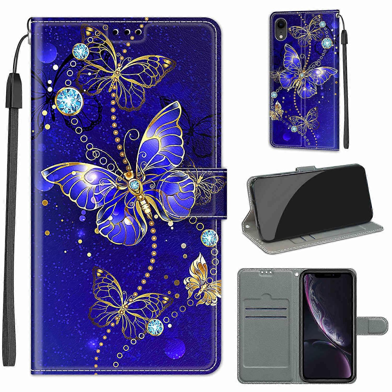 Compatible with iPhone XR Case 6.1 Inch - Retro Thin Flip Cover with Magnetic Buckle and 2 Card Slots in Blue Butterfly Design