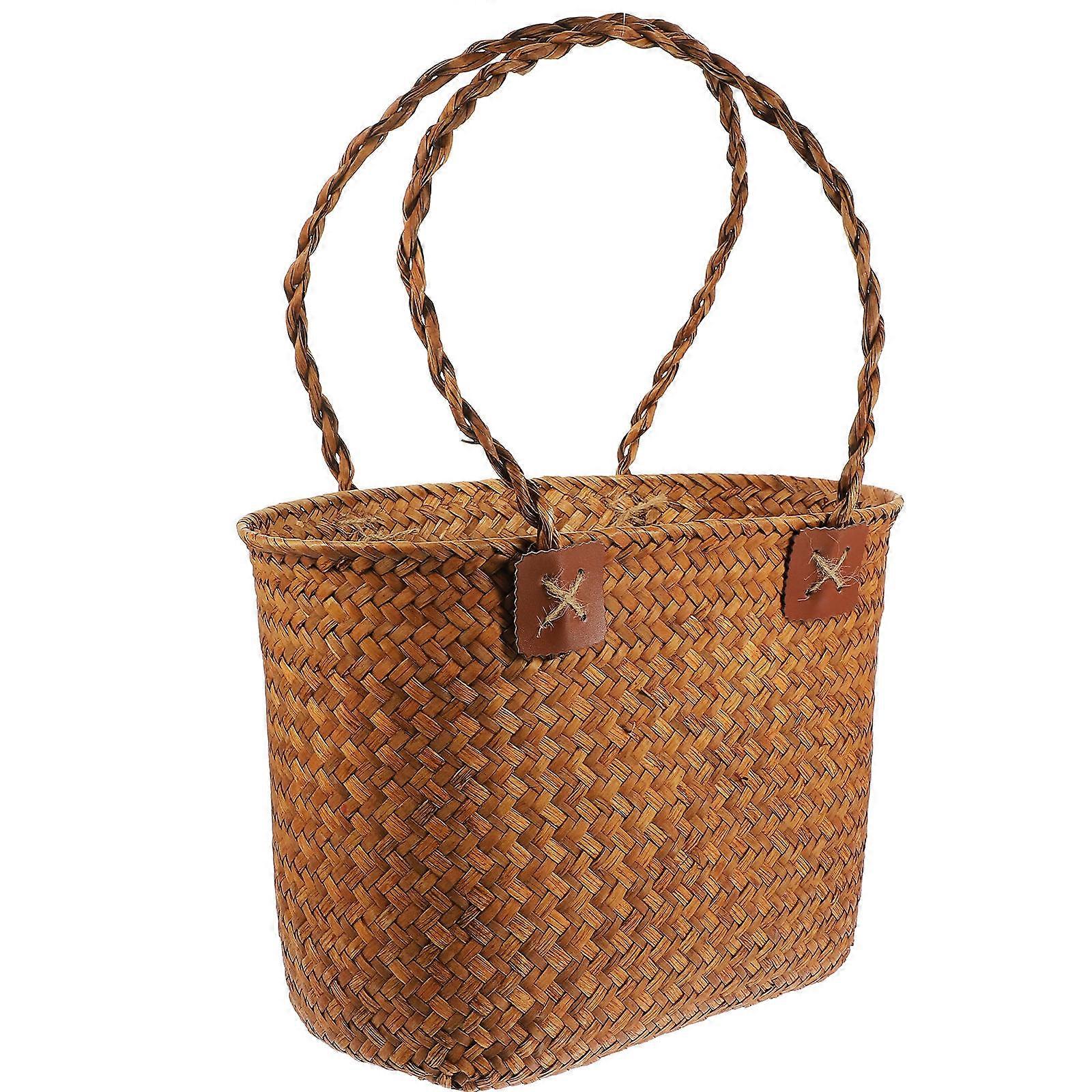 Weaved Picnic Basket Storage Outdoor Picnic Round Straw 1Pack