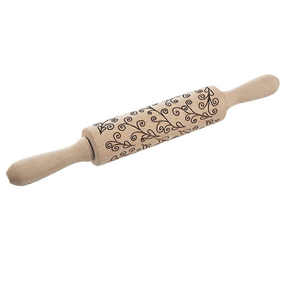 Rotating rolling pin for cake decoration with plant pattern in beech wood