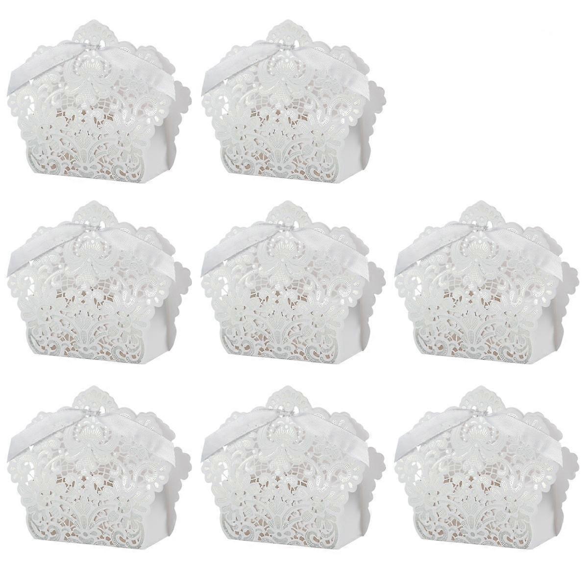 50 قطعة علب الحلوى الزخرفية جوفاء تصميم لضيوف حفل الزفاف هدايا مع شرائط بيضاء مستطيلة ممتازة لحفلات استقبال الطفل