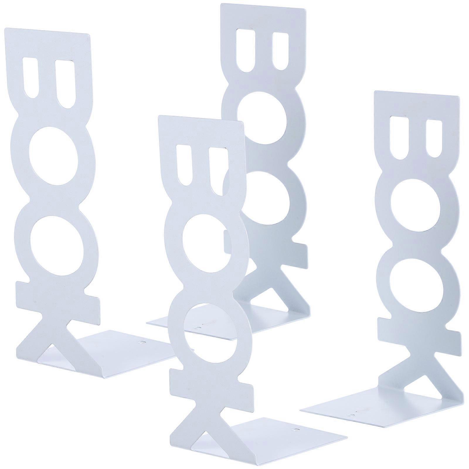 White Metal Bookends for Office Heavy Duty with Nonslip Bottom and Decorative Design 4 Pieces