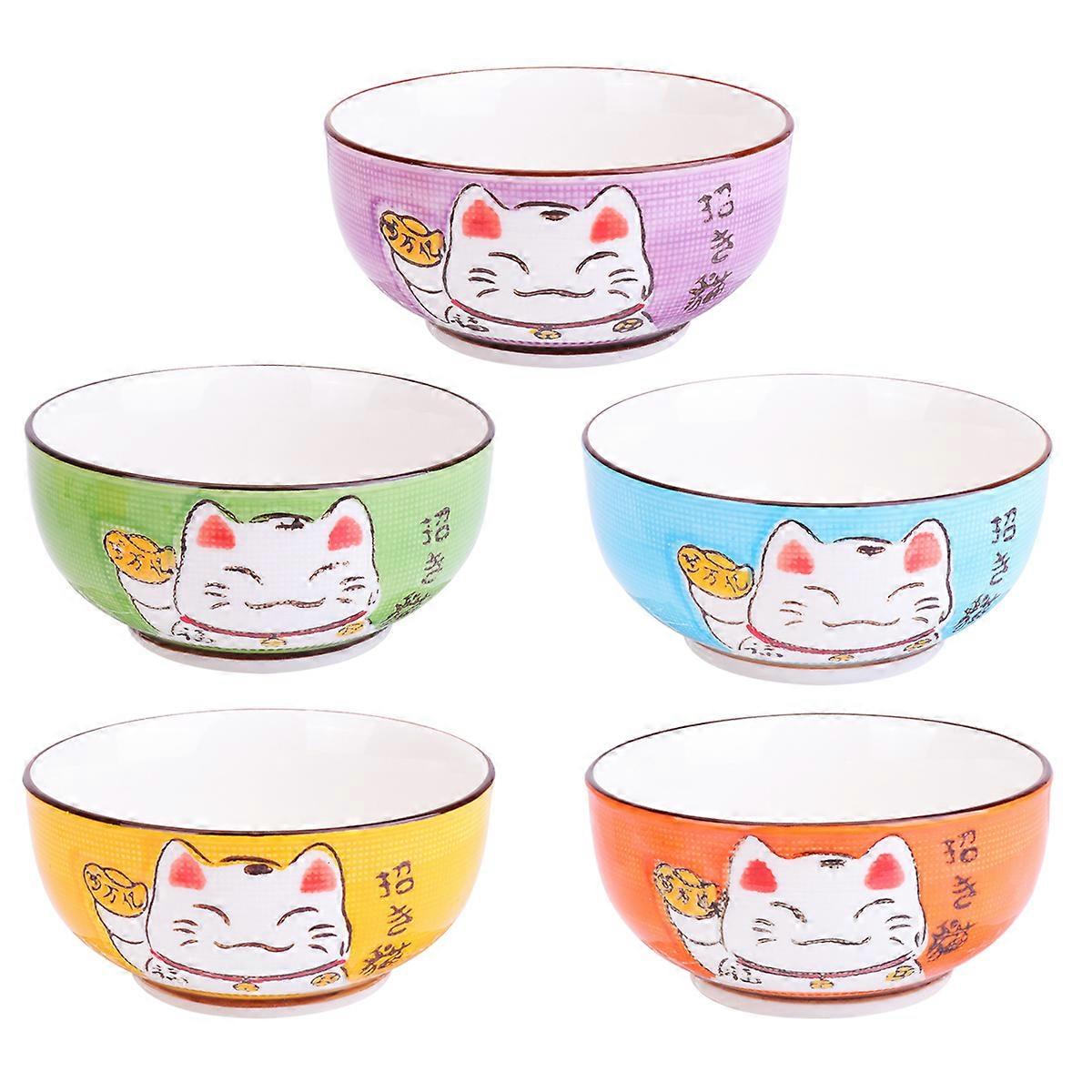 Family Meals 5Pcs Cat Ceramic Bowl Set Assorted Color Round Edges Dining Tableware Anti-scalding Deep Bowl