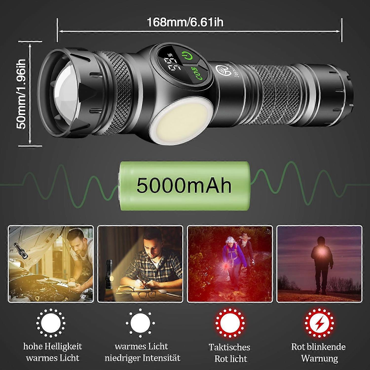 Lumen rechargeable flashlight  battery indicator  C0B  magnetized flashlight with LCD  dual switch  side light