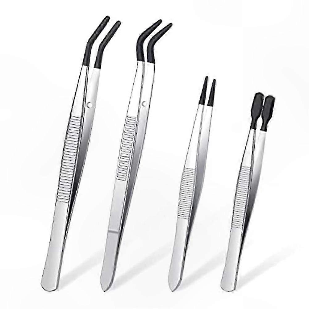 4-Piece Rubber-Tipped Tweezers Set, PVC-Coated Fine Point Tweezers for Precision Tasks