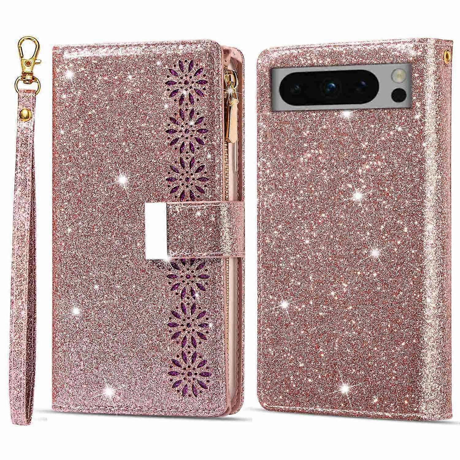 Pour Google Pixel 8 Pro Case Glittery Laser Carving Zipper Wallet Phone Cover - Rose Gold
