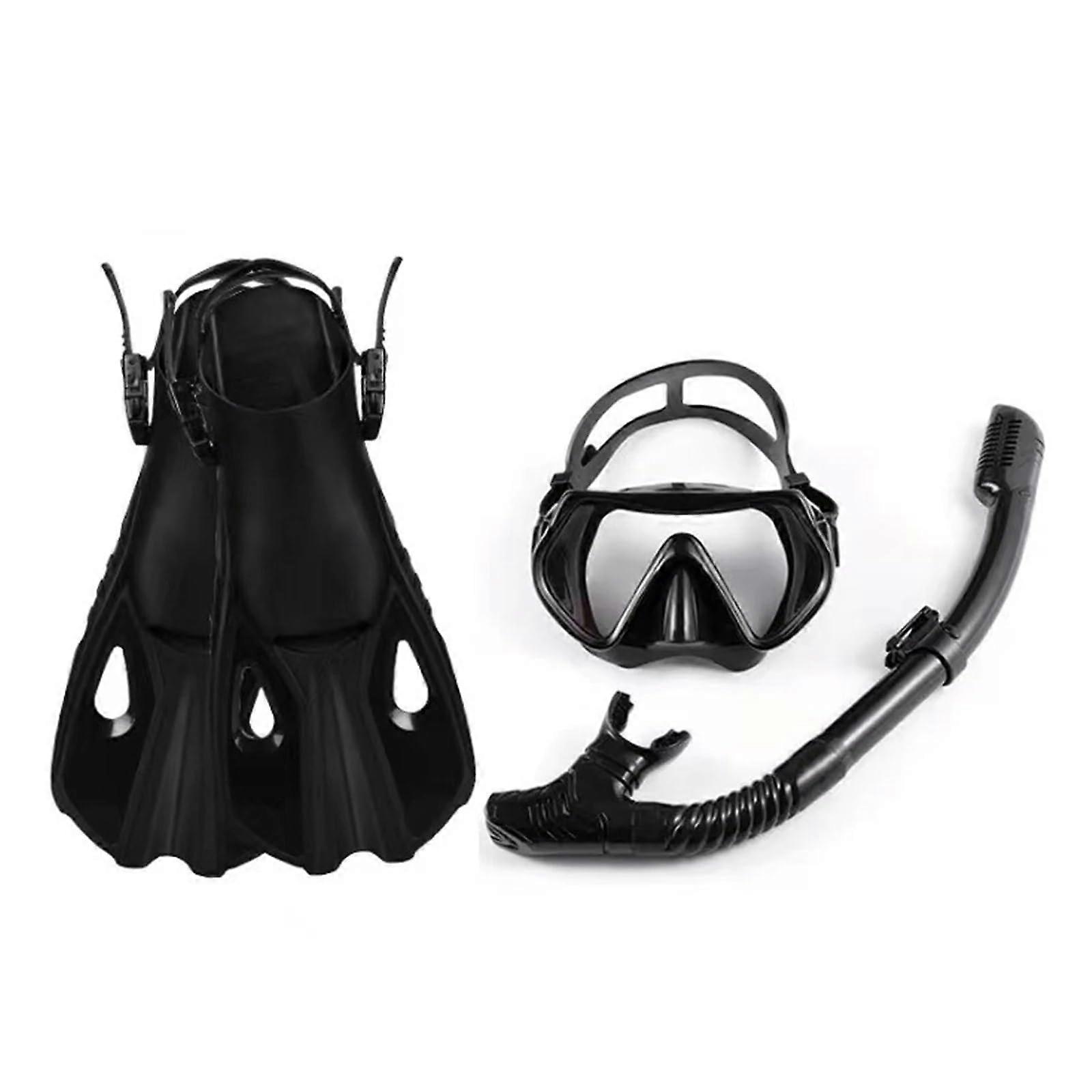 Diving Mask ThreeWindow Clear With FullDry Snorkel And Adjustable Fins Black L XL