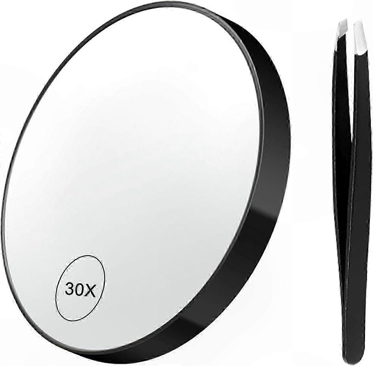 30X Magnification Makeup Mirror with Suction Cups, 3.5 Inch Travel Size Shower Mirror with Slant Tweezers, Stick-On Magnifying Mirror for Bathroom Use