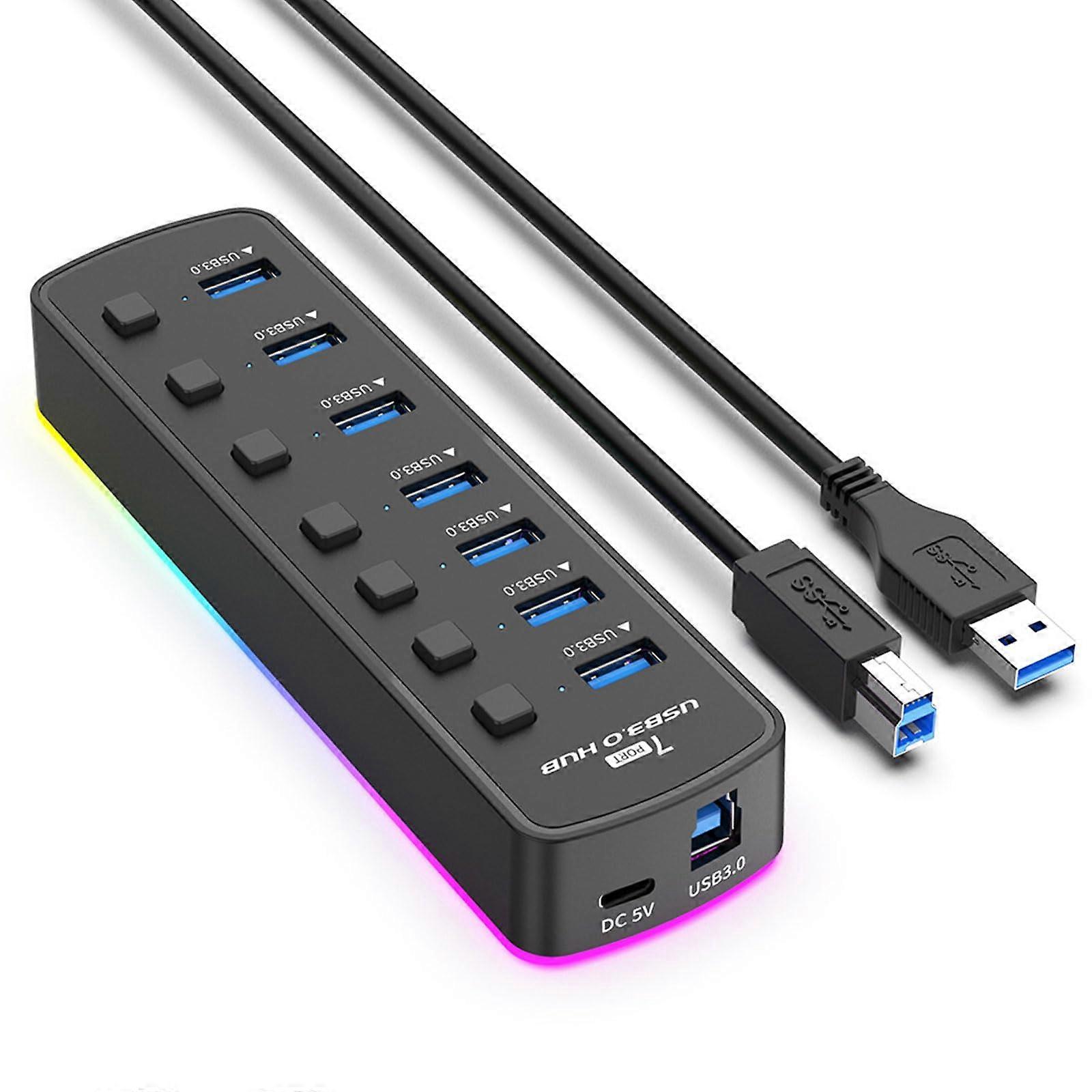 USB Hub 3.0 7Port With Individual On/Off Switches And LED, Long Cable, Compatible With MacBook, Laptop, Surface Pro
