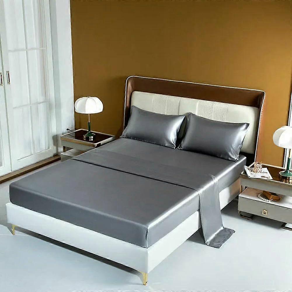 Satin Bedding Set Grey Queen Size 3/4Piece Flat Sheet