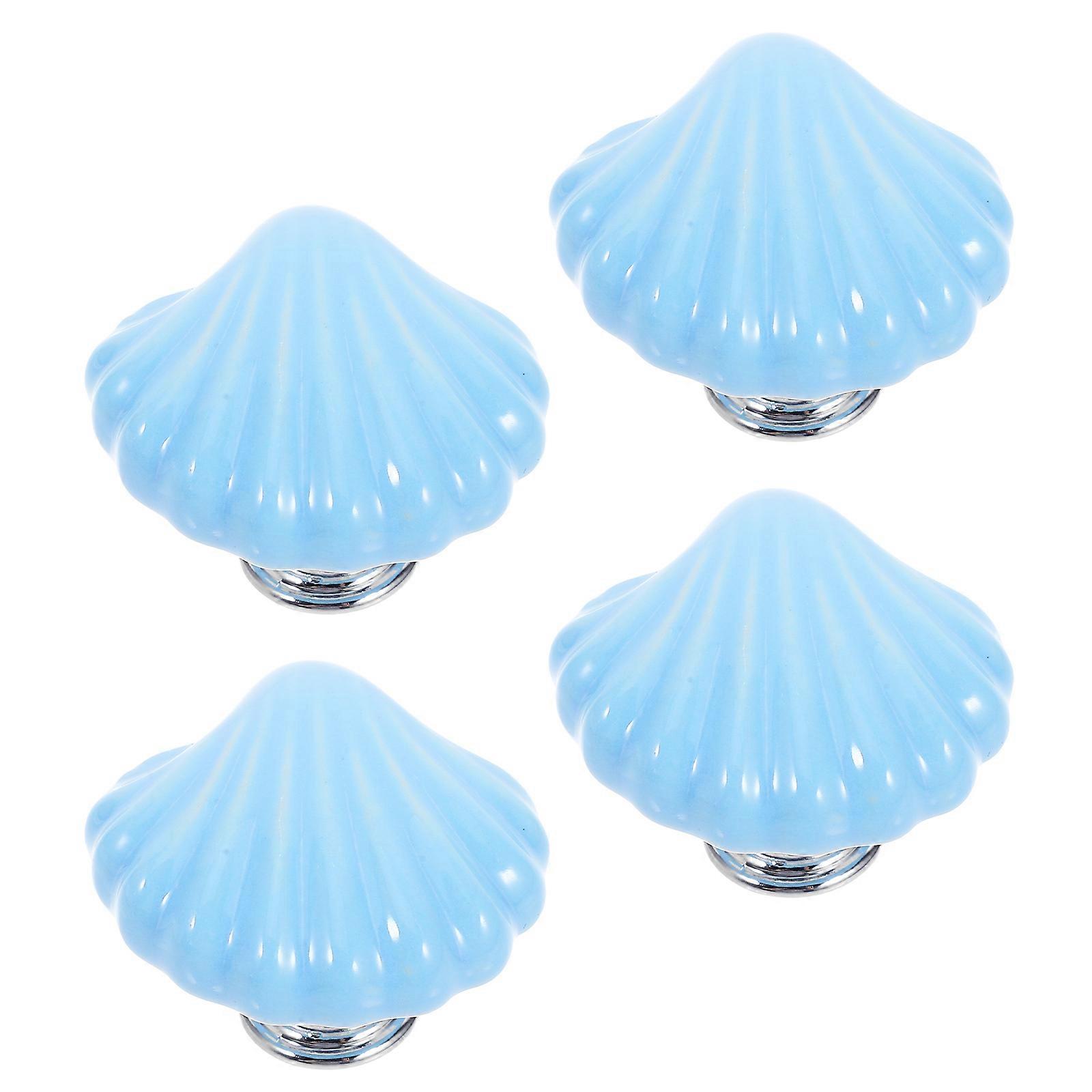 Vintage Style Drawer Pull Ceramic Shell Shape Home Decoration for Kitchen Cabinet Blue 4Pcs