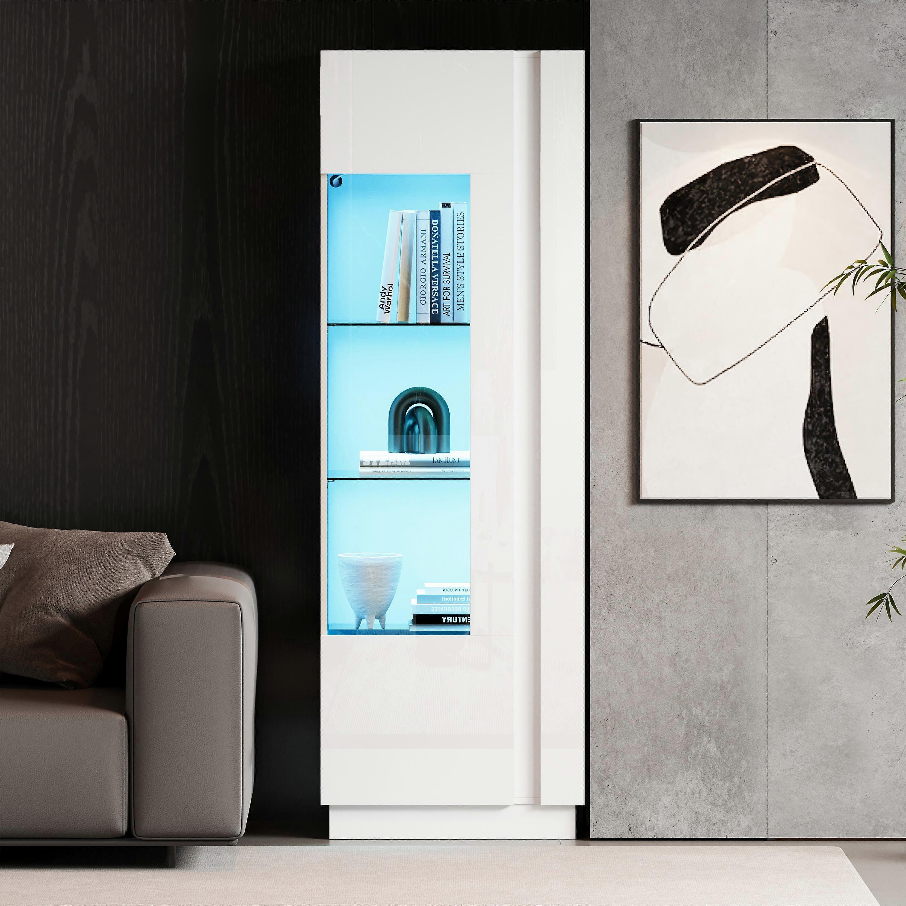 White High Gloss Display Cabinet Acrylic Door LED Lighting 3 Glass Shelves
