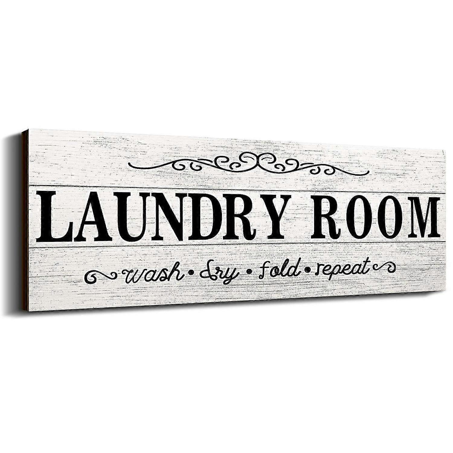 ランドリールーム装飾看板木製カントリーファームホームランドリーウォールマーカーウォッシュドライフロアウォールハンギングウォールデコレーションプリント、16 x 6インチ(ホワイト)