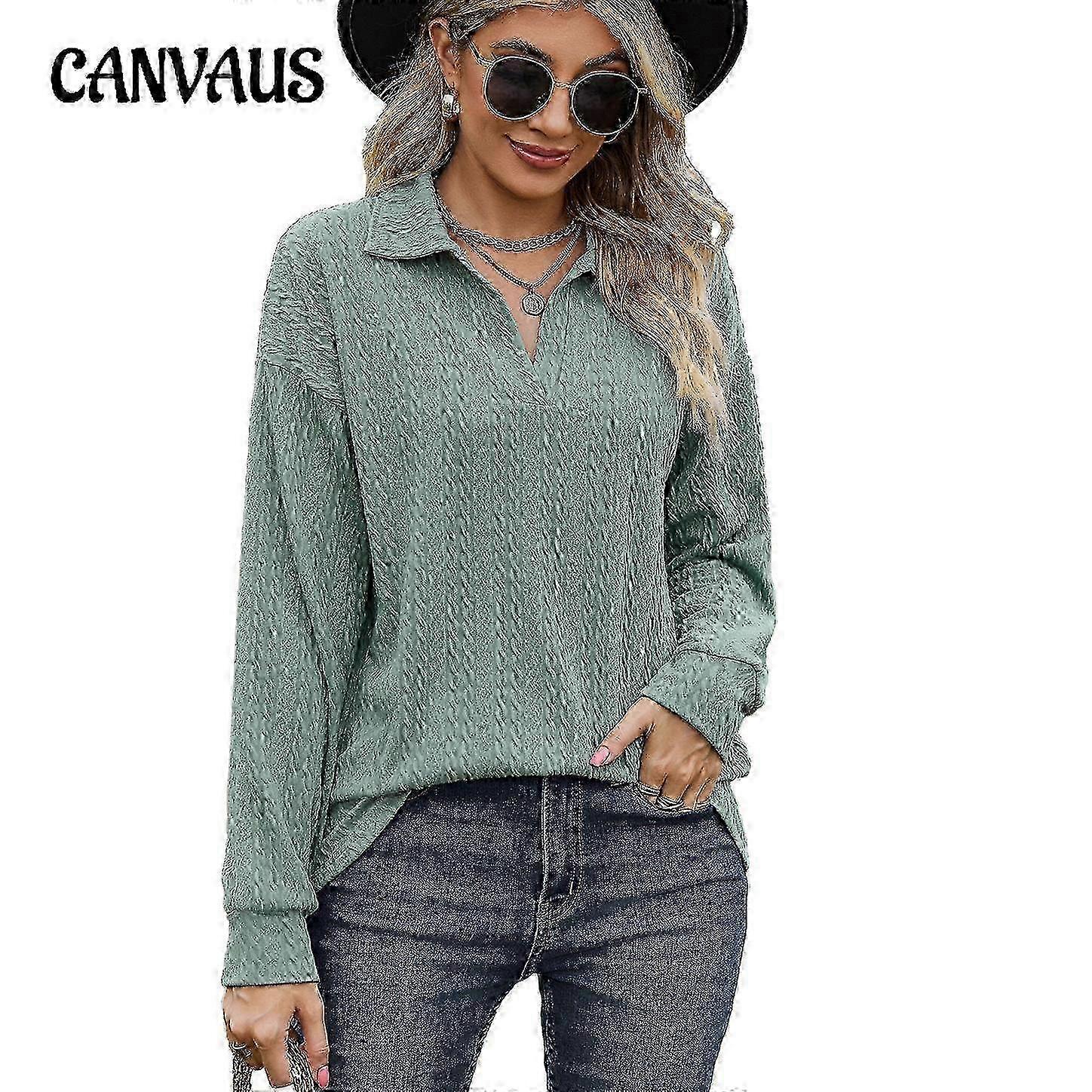 Spring and Autumn Women's Blouse Solid Color Lapel Loose Sweatshirt Long Sleeve Top