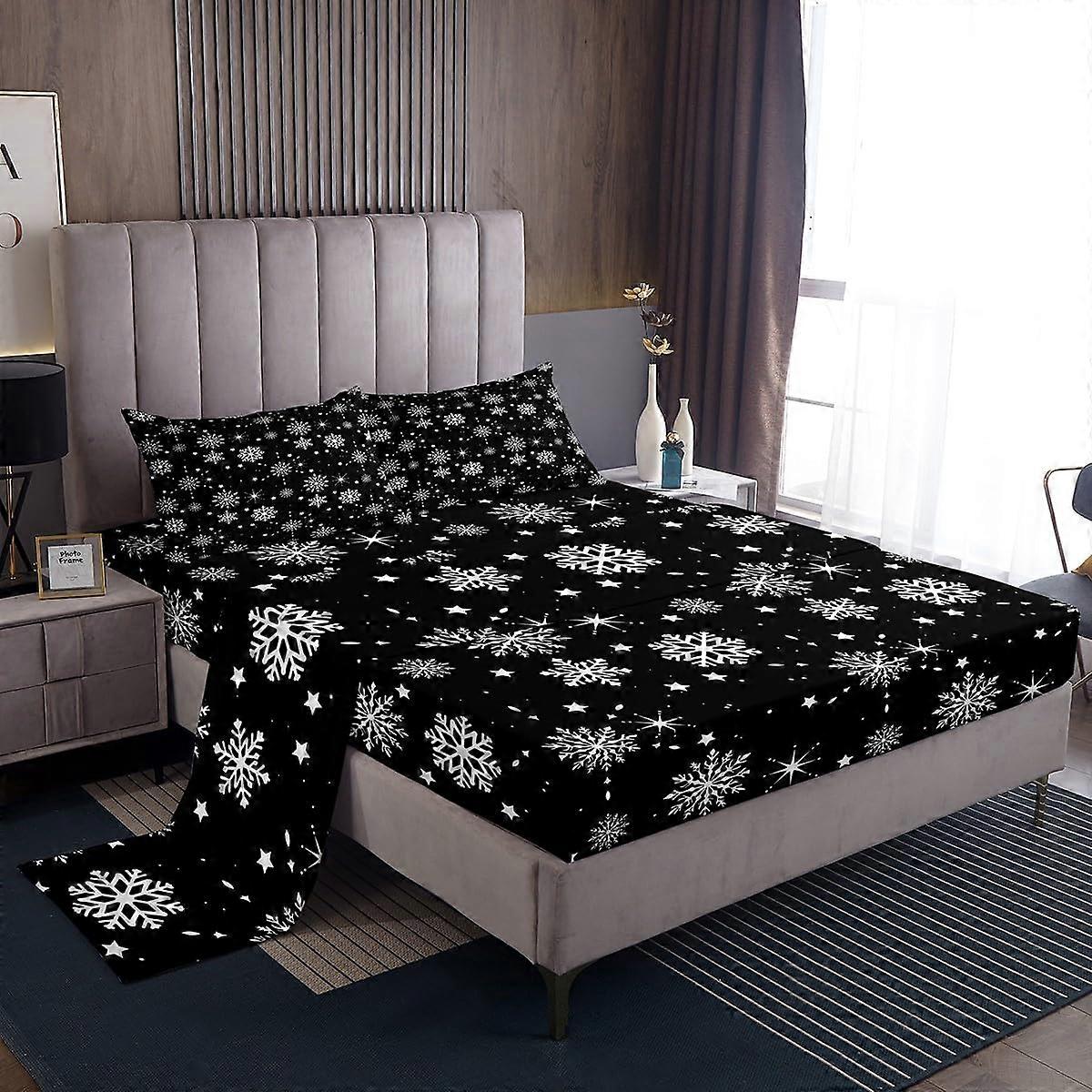 Christmas Bed Sheets Snowflakes Sheet Set For Kids Queen Size Flat Sheet Deep Pocket With 2 Pillow Cases Black And White