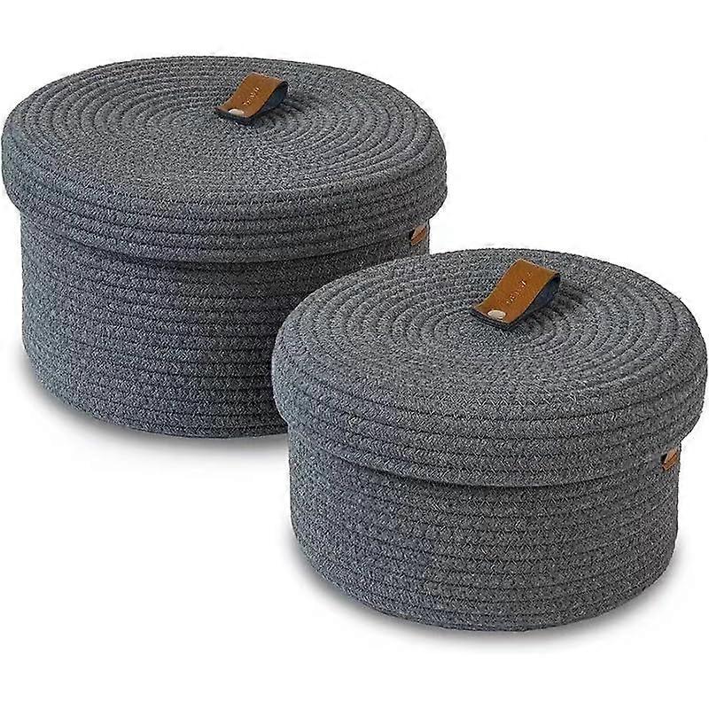 Cotton Rope Storage Basket With Lid  Set Of 2, Round Woven Bin, Dark Grey, Decorative Lidded Toy Box Shelf Organizer
