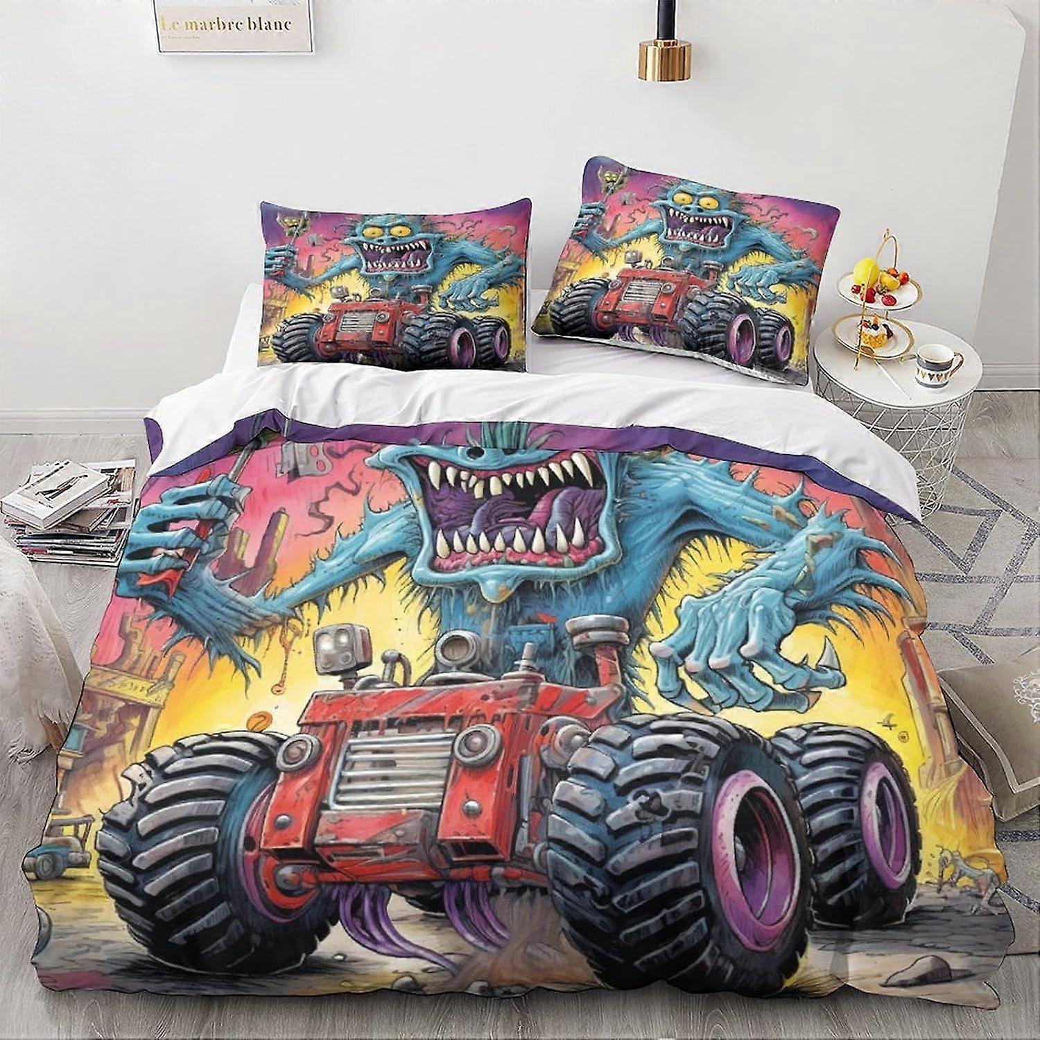 LikeEj monstro edredom capa set 3D cartoon padrão printe cama cama edredom capa conjunto, microfibra macia vintage carro colcha capa dupla