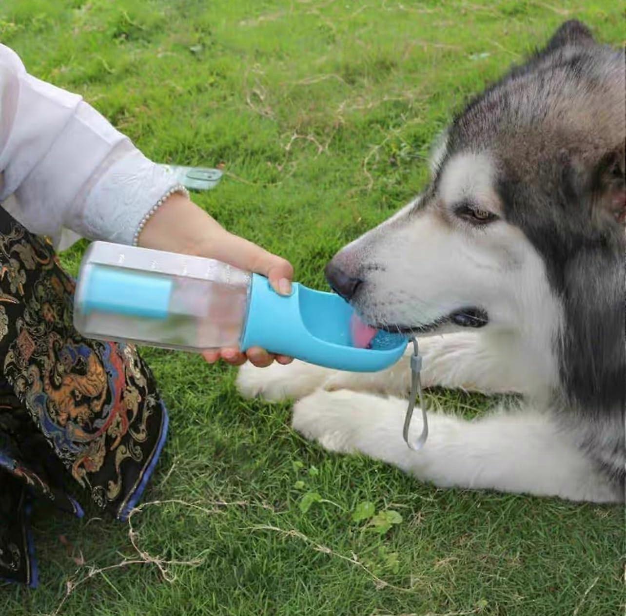 Portable Dog Water Bottle with Food Container, 300ml, Waste Bag Storage, Travel Pet Feeder Blue