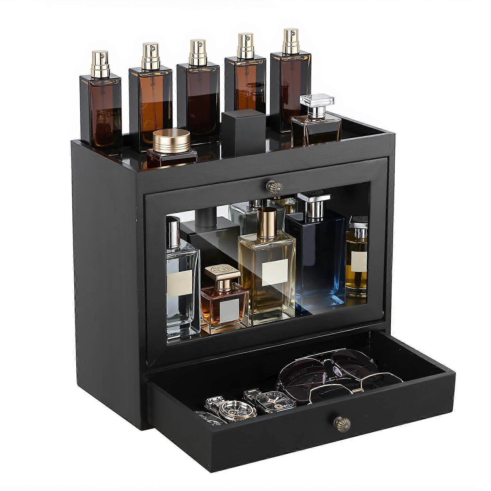 Rustic Wooden Cologne Organizer with Glass Door and Drawer, Dustproof Perfume Storage Box for Men