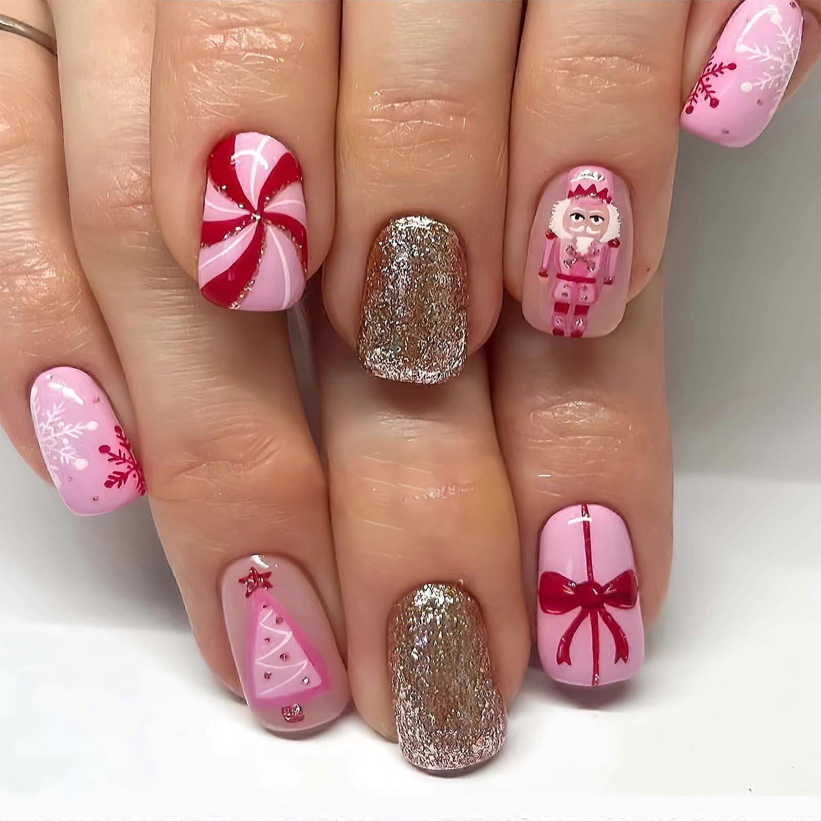 Christmas Press On Nails Short Square Pink Snowflake Design Fake Nails Set Reusable 24Pcs