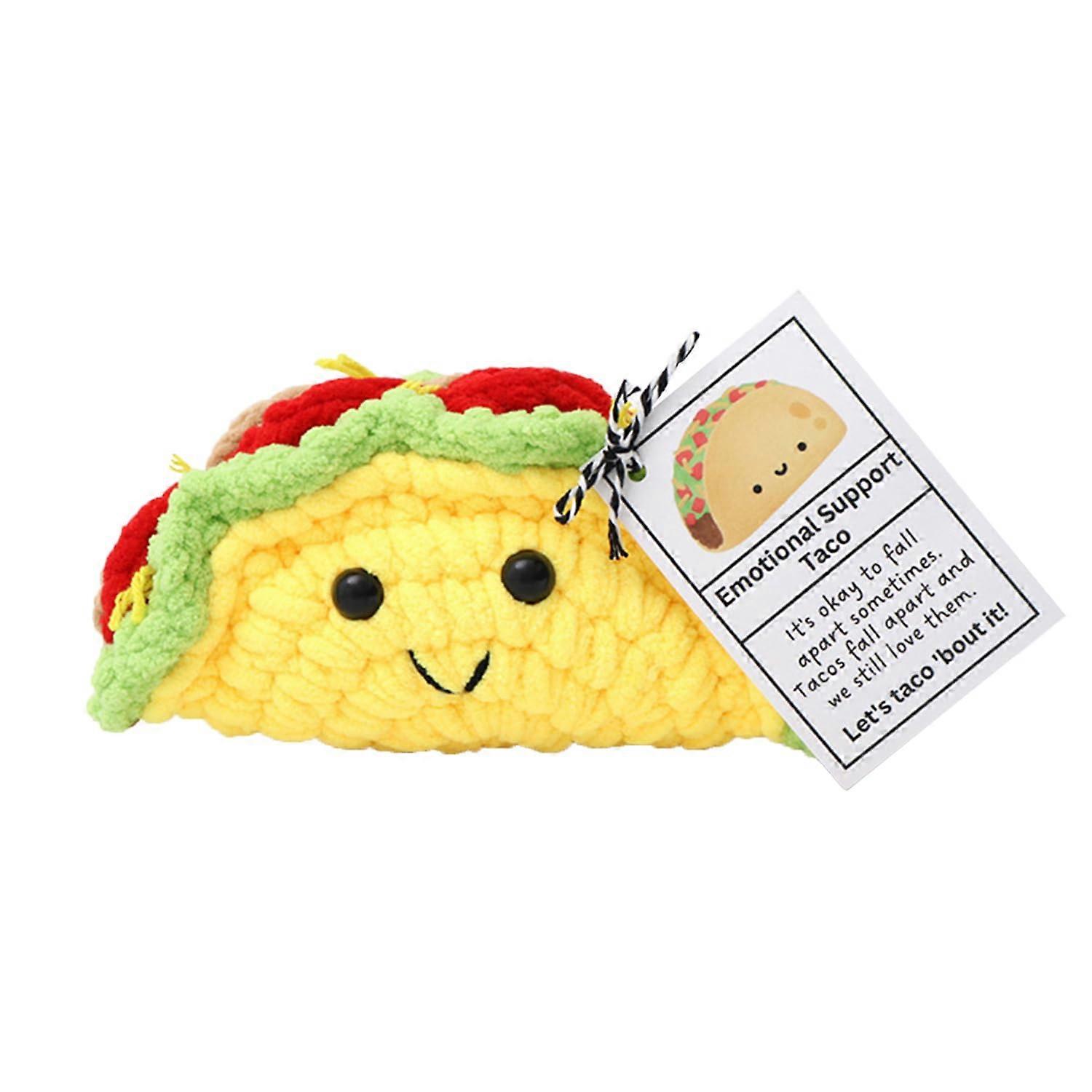 Handmade Crochet Taco Plush Toy with Positive Message, Soft Wool Knitted Doll for Home Office Decor