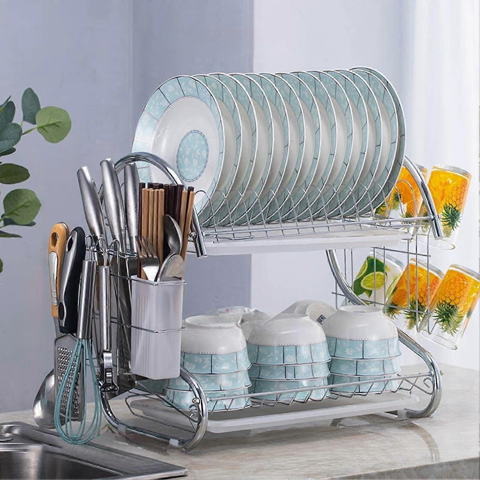2 Tier Dish Drying Rack with Drainboard, Rust Proof, Utensil and Cup Holders for Small Kitchen