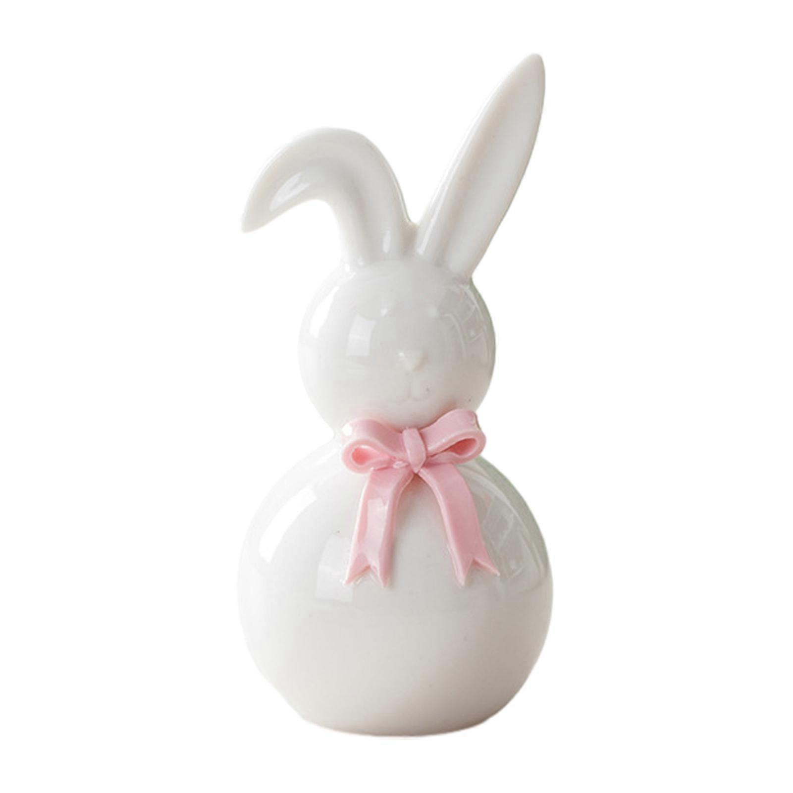 Ceramic Bunny Figurine Easter White Rabbit Statue with Bow for Spring Easter Indoor Home Table