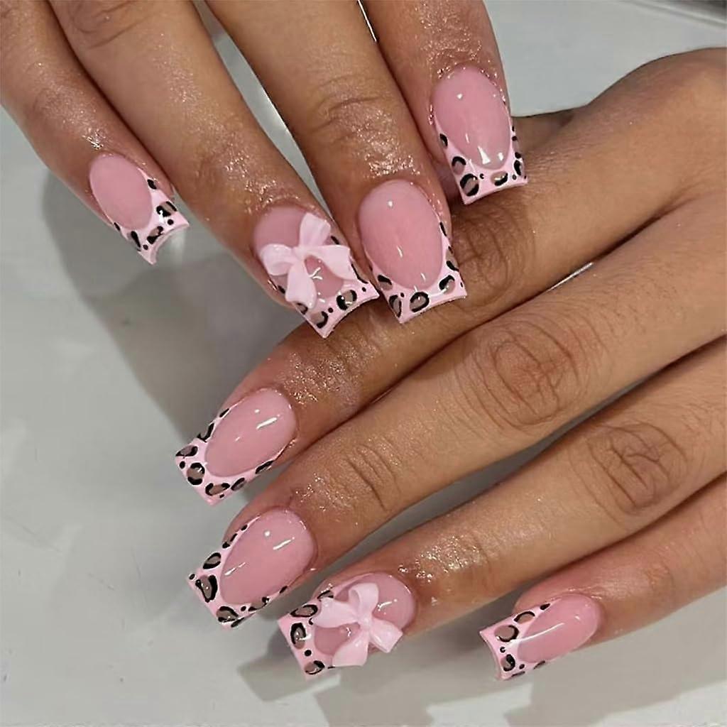 Square Press On Nails with Designs  Leopard and Bowknot Fake Nails, 24pcs GiftReady Set