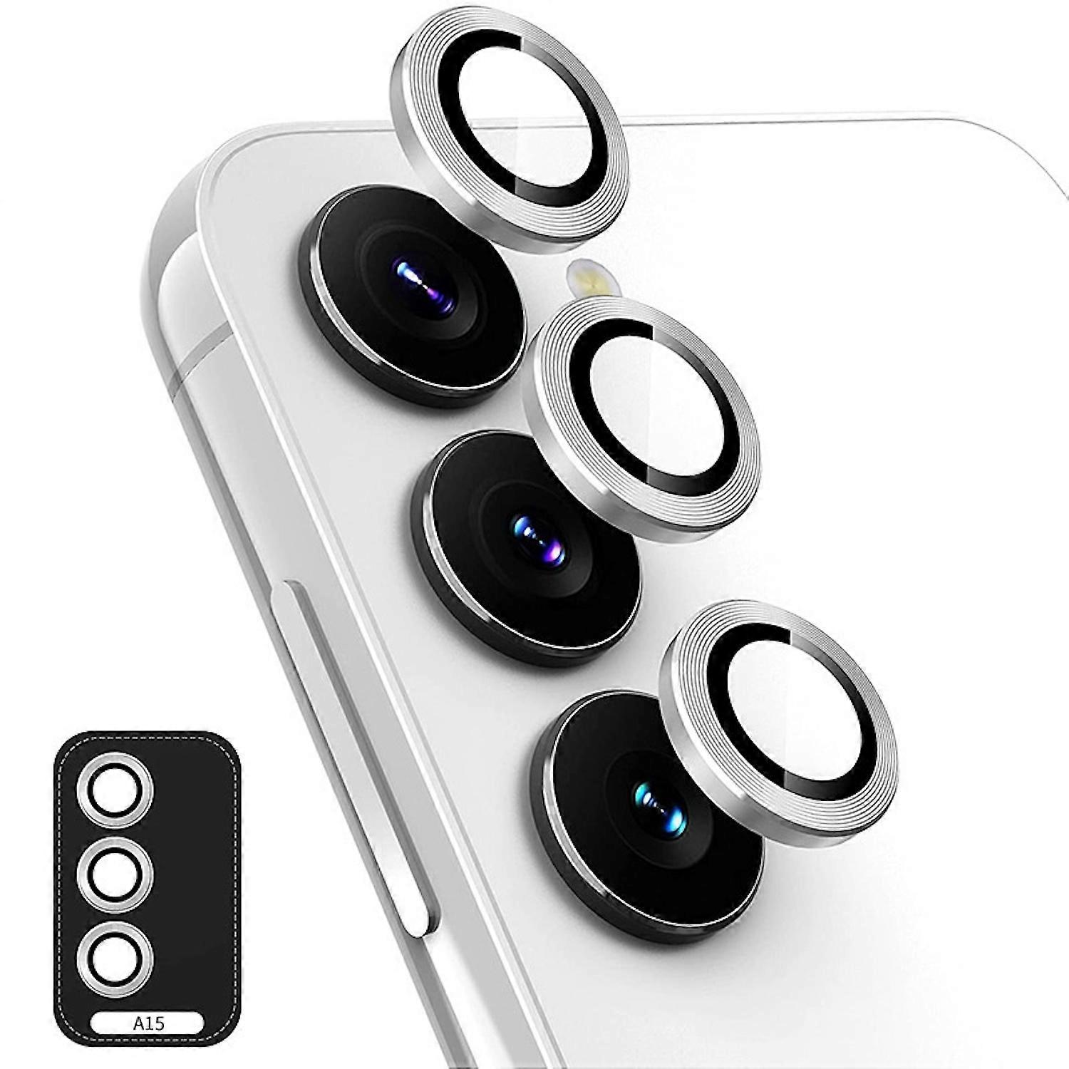 For Samsung Galaxy A15 Aluminum Ring Camera + H9 Tempered Glass Silver