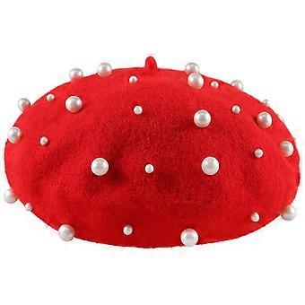 Autumn Winter Cashmere Beret compatible with Womens Pearl Design 3Pcs Red Pack