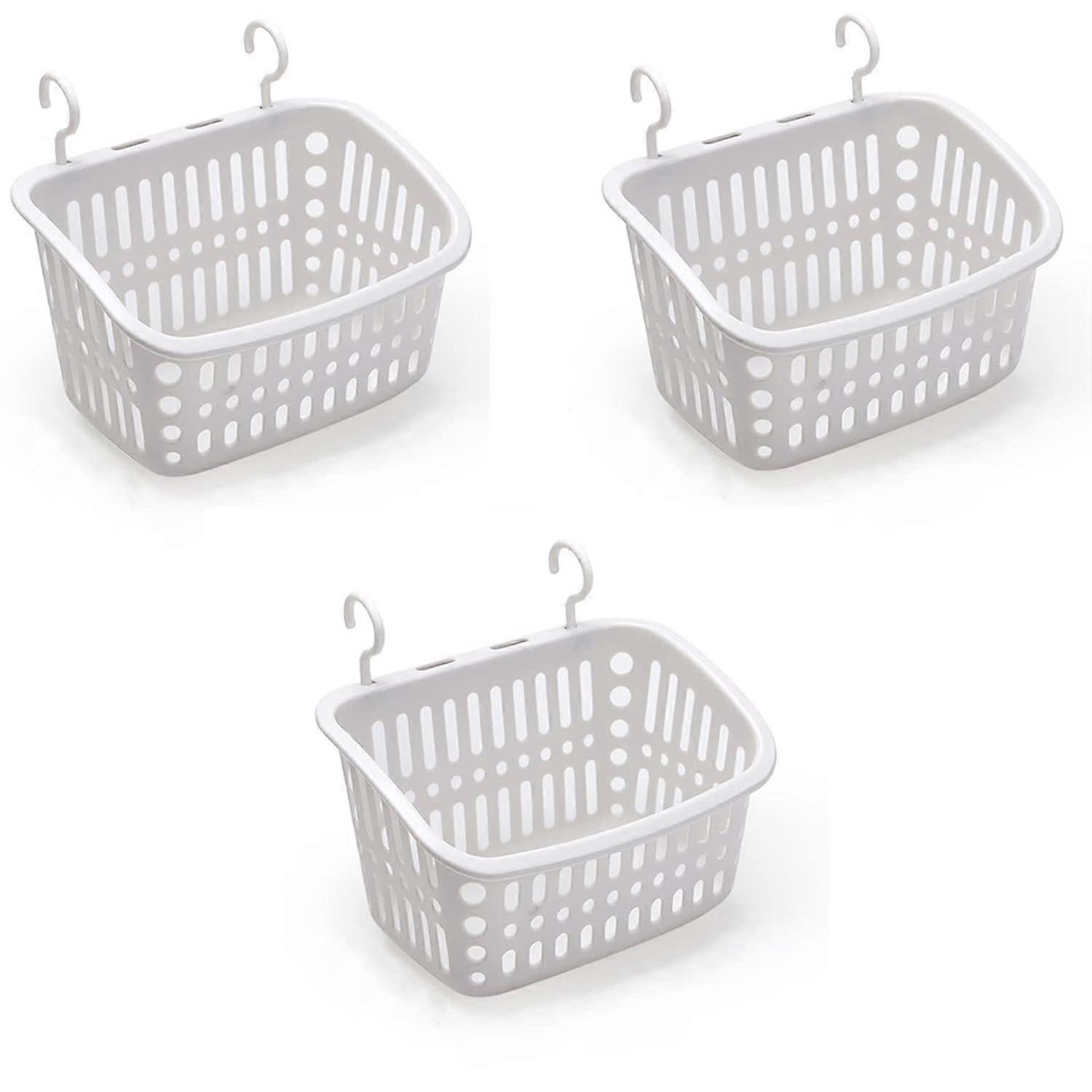 Three plastic hanging storage baskets, suitable for shower rooms, with hooks, rectangular 8.5-inch small hanging storage baskets (grey).