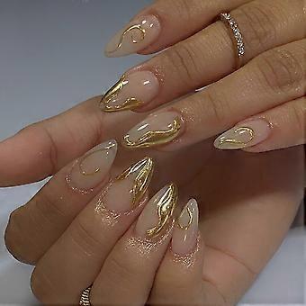 Almond Shape Press on Nails French Tip with Gold Design Reusable Fake Nails Set for Women 24Pcs