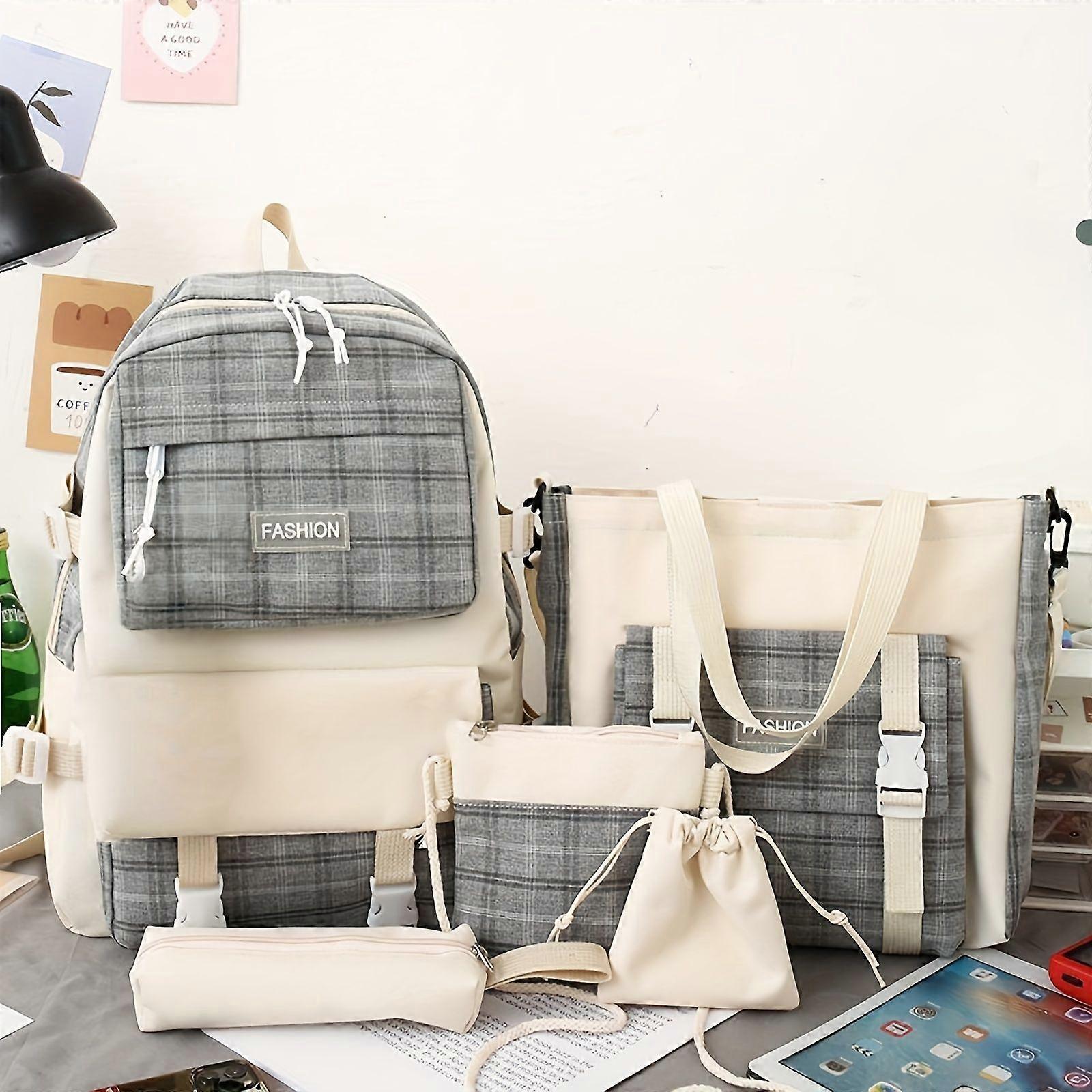 5Pcss Set Cute Large Capacity Plaid Backpack Korean Version Trendy Backpack Multipurpose 5Pcss Set Backpack