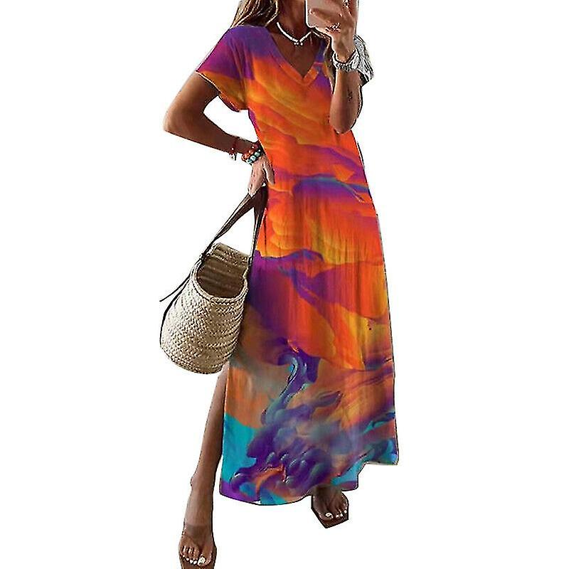 Plus Size Kvinner Boho Floral Løs Lang Sundress Sommer Avslappet Kaftan Maxi Kjole
