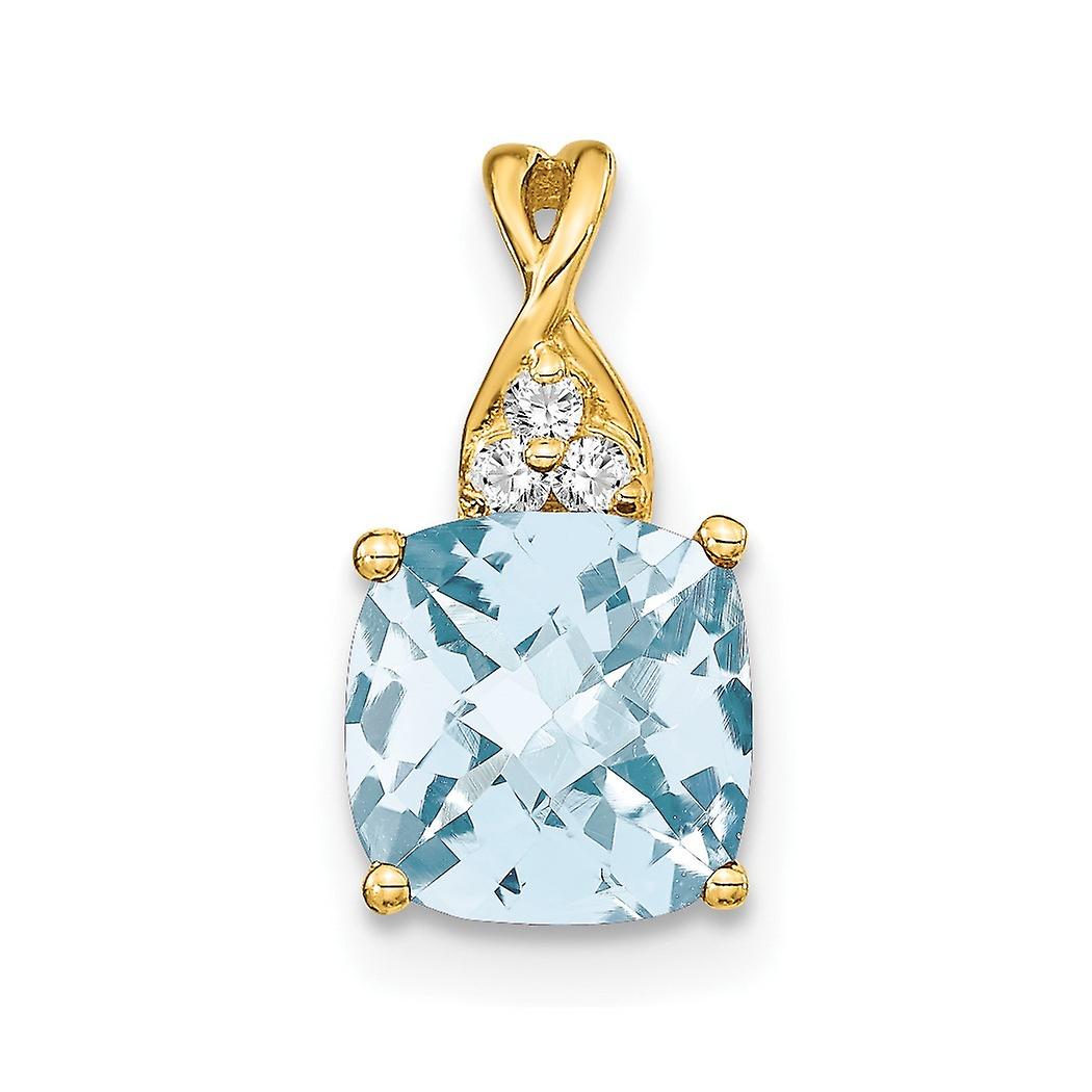 7mm 10k Solid Yellow Gold Checkerboard Aquamarine and Diamond Pendant Necklace-Pendant for Women