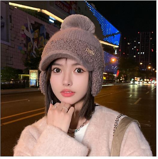 Kış Sıcak Şapka Kadın Modası Açık Kulak Koruması Örme Şapka Kalınlaştırılmış Soğuk Geçirmez Beyzbol Şapkası Kadın Düz Renk Tepeli Şapka Kürk Topu ile