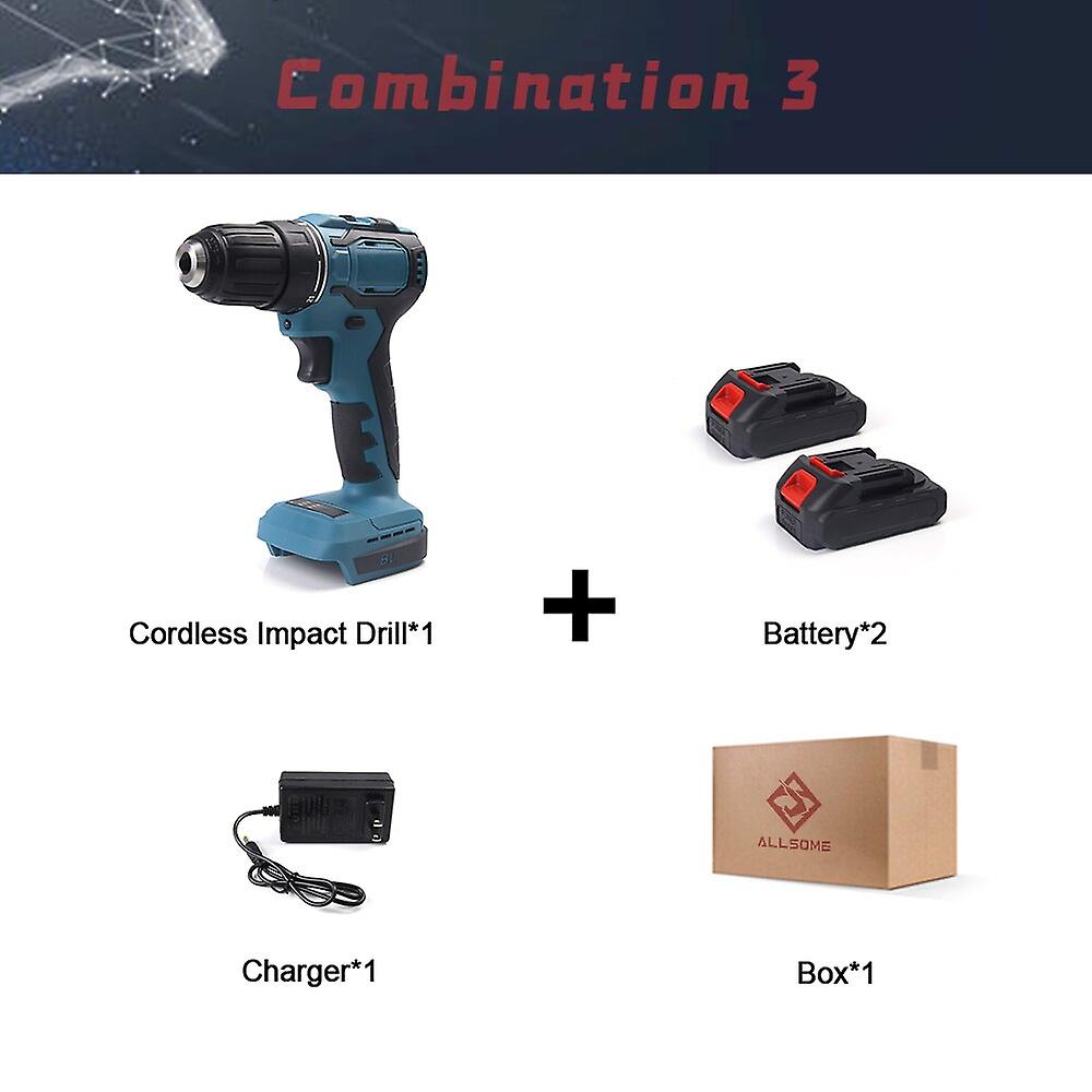 20V Brushless Cordless Electric Drill Rechargeable Impact Adjustable Speed With Led Power Tools
