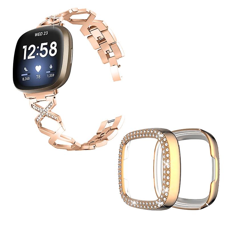 For Fitbit Versa 3/Sense X-Shape Design Smartwatch Strap+Two Row Rhinestones Rose Protective Case